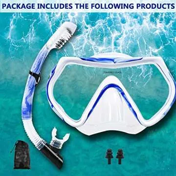 Snorkel mask Snorkeling Set for Adults and Youth, Diving mask and Full Dry Snorkel Swim Googles is Suitable for Snorkeling, Dive Scuba Diving, Swimming (Blue and White-Transparent)