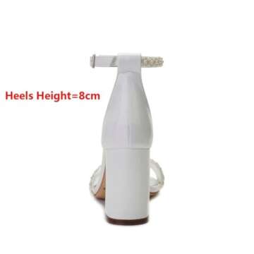 YWXYMGE Block Heels Pearls Wedding Sandals Open Toe Ankle Strap Evening Party Summer Shoes-Ivory-8.5