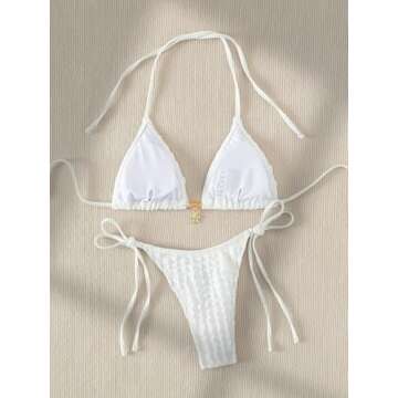 GORGLITTER Women's High Cut Textured Halter Triangle Tie Side Swimsuit Bathing Suit White Small