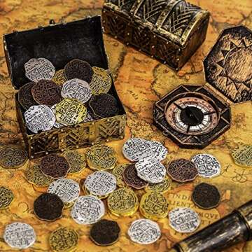 Hicarer 35 Pieces Gold Coins Pirate Coins Metal Fake Coins Pirate Treasure Coin Toys for Party Favor Decorations, Bronze, Red Antique Bronze, Antique Gold and Antique Silver