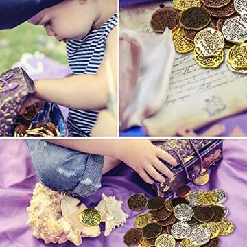 Hicarer 35 Pieces Gold Coins Pirate Coins Metal Fake Coins Pirate Treasure Coin Toys for Party Favor Decorations, Bronze, Red Antique Bronze, Antique Gold and Antique Silver
