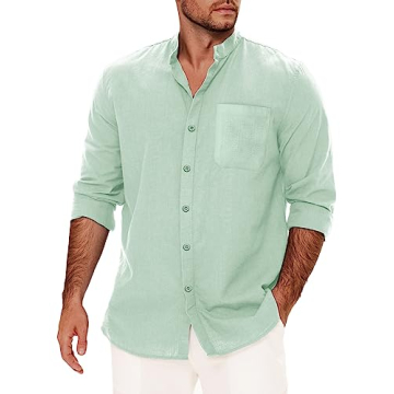 Mens Linen Button Down Shirts Long Sleeves Summer Beach Casual Regular Fit Shirt Tops