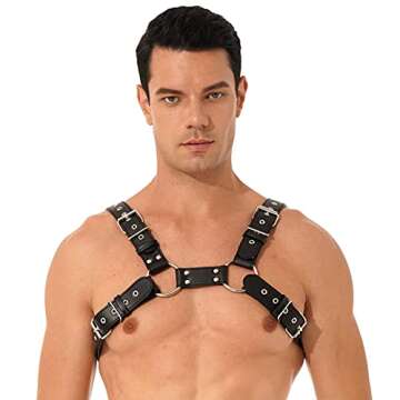 YiZYiF Men's Adjustable Leather Body Chest Harness Belt Clubwear with Fancy Buckles Stage Black One Size