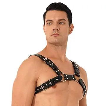 YiZYiF Men's Adjustable Leather Body Chest Harness Belt Clubwear with Fancy Buckles Stage Black One Size