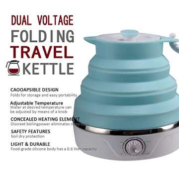 Travel Kettle, Silicone Foldable Electric Kettle,0.6 Liter, Adjustable control（110V）, Blue