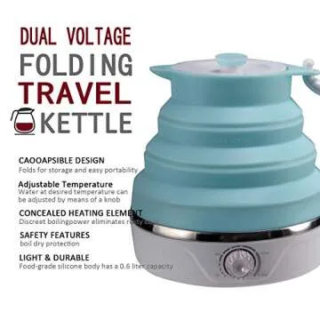 Travel Kettle, Silicone Foldable Electric Kettle,0.6 Liter, Adjustable control（110V）, Blue