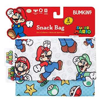 Bumkins Nintendo Reusable Snack Bags, for Kids School Lunch and for Adults Portion, Washable Fabric, Waterproof Cloth Zip Bag, Supplies Travel Pouch, Food-Safe, 2-pk Super Mario
