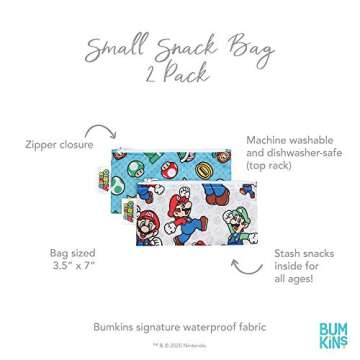 Bumkins Nintendo Reusable Snack Bags, for Kids School Lunch and for Adults Portion, Washable Fabric, Waterproof Cloth Zip Bag, Supplies Travel Pouch, Food-Safe, 2-pk Super Mario