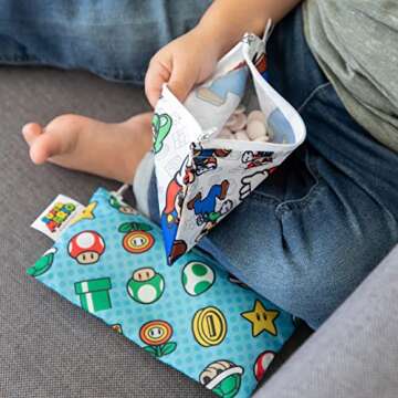 Bumkins Nintendo Reusable Snack Bags, for Kids School Lunch and for Adults Portion, Washable Fabric, Waterproof Cloth Zip Bag, Supplies Travel Pouch, Food-Safe, 2-pk Super Mario
