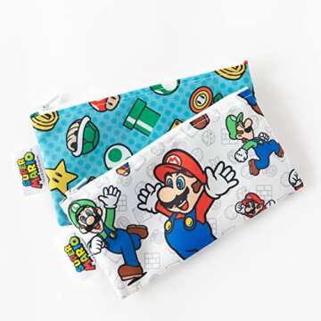 Bumkins Nintendo Reusable Snack Bags, for Kids School Lunch and for Adults Portion, Washable Fabric, Waterproof Cloth Zip Bag, Supplies Travel Pouch, Food-Safe, 2-pk Super Mario