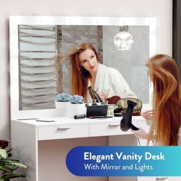 GentProd White Vanity Desk with Mirror and Lights, Makeup Vanity Desk with Lights - 7 Drawers of Sto...