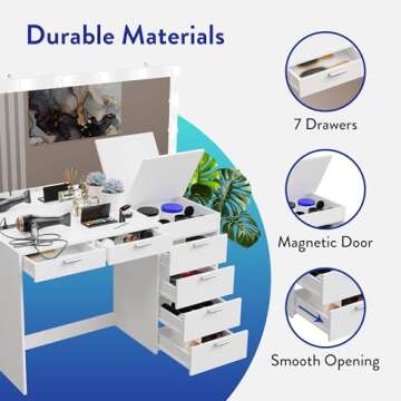 GentProd White Vanity Desk with Mirror and Lights, Makeup Vanity Desk with Lights - 7 Drawers of Storage, Includes Charging Station with 2 Outlets & 2 USB Ports | Custom Wall Mount Lights & Tools