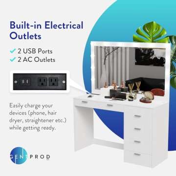 GentProd White Vanity Desk with Mirror and Lights, Makeup Vanity Desk with Lights - 7 Drawers of Storage, Includes Charging Station with 2 Outlets & 2 USB Ports | Custom Wall Mount Lights & Tools
