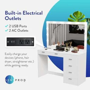 GentProd White Vanity Desk with Mirror and Lights, Makeup Vanity Desk with Lights - 7 Drawers of Storage, Includes Charging Station with 2 Outlets & 2 USB Ports | Custom Wall Mount Lights & Tools