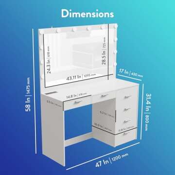 GentProd White Vanity Desk with Mirror and Lights, Makeup Vanity Desk with Lights - 7 Drawers of Storage, Includes Charging Station with 2 Outlets & 2 USB Ports | Custom Wall Mount Lights & Tools