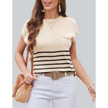 Zeagoo Womens Sweater Vest Fall 2024 Loose Fit Cape Sleeve Knit Ribbed Tank Tops with Front Pocket Black Stripe M