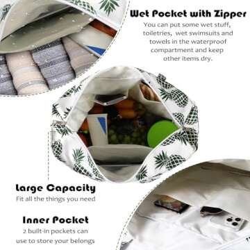 DOFOWORK Beach Bags for Women - Large Beach Bag Tote, Beach Tote with Wet Pocket, Waterproof Sandproof with Zipper for Beach/Pool Trip