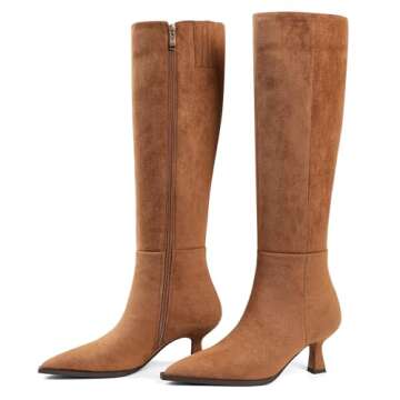 VOMIRA Knee High Boots for Women Suede Boots Pointy Toe Kitten Heels Wide Calf Boots 3 In High Heels...