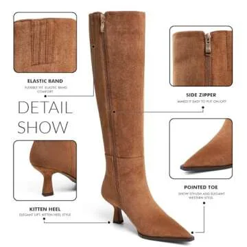 VOMIRA Knee High Boots for Women Suede Boots Pointy Toe Kitten Heels Wide Calf Boots 3 In High Heels Long Boots Brown Stiletto Boots Dress Tall Boots