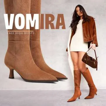 VOMIRA Knee High Boots for Women Suede Boots Pointy Toe Kitten Heels Wide Calf Boots 3 In High Heels Long Boots Brown Stiletto Boots Dress Tall Boots