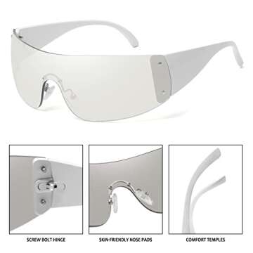 Fozono Trendy Rimless Star Y2K Sunglasses for Women Men Shield Oversized Wrap Around Frameless Sunglasses UV400 Protective White-Silver Coating