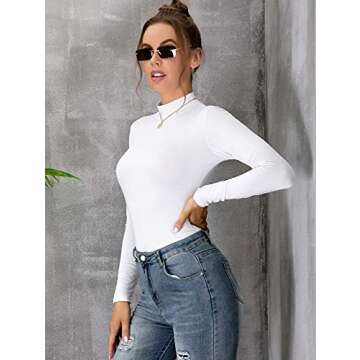 MANGDIUP Women's Mock Turtleneck Long Sleeve Pullover Tops Slim Fit Basic T-Shirts (White, Small)