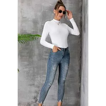 MANGDIUP Women's Mock Turtleneck Long Sleeve Pullover Tops Slim Fit Basic T-Shirts (White, Small)