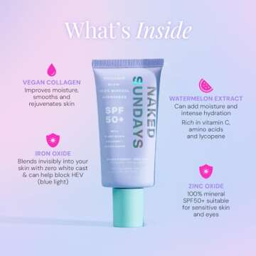 Naked Sundays SPF50+ 100% Mineral Glow Sunscreen, Daily Hydrating Facial Moisturizer & Primer with Zinc Oxide & Vegan Collagen, Sheer Tint, Broad Spectrum SPF Mineral Lotion (50ml)