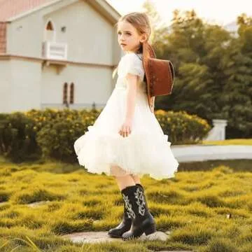 LAURMOSA Cowgirl Boots for Girls Black Pointed Toe Young Child Girls Cowboy Boots Mid Calf Equestrian Boots Kids Western Boots Horse Riding Party Church for Toddler Little Big Kids(L1030RhBlack 2)