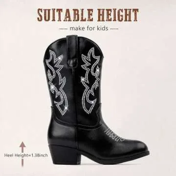 LAURMOSA Cowgirl Boots for Girls Black Pointed Toe Young Child Girls Cowboy Boots Mid Calf Equestrian Boots Kids Western Boots Horse Riding Party Church for Toddler Little Big Kids(L1030RhBlack 2)