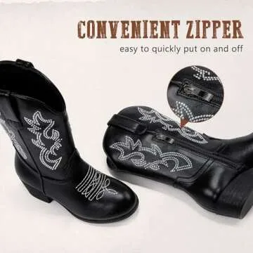 LAURMOSA Cowgirl Boots for Girls Black Pointed Toe Young Child Girls Cowboy Boots Mid Calf Equestrian Boots Kids Western Boots Horse Riding Party Church for Toddler Little Big Kids(L1030RhBlack 2)