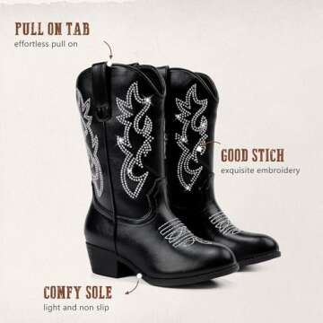 LAURMOSA Cowgirl Boots for Girls Black Pointed Toe Young Child Girls Cowboy Boots Mid Calf Equestrian Boots Kids Western Boots Horse Riding Party Church for Toddler Little Big Kids(L1030RhBlack 2)