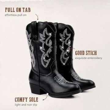 LAURMOSA Cowgirl Boots for Girls Black Pointed Toe Young Child Girls Cowboy Boots Mid Calf Equestrian Boots Kids Western Boots Horse Riding Party Church for Toddler Little Big Kids(L1030RhBlack 2)