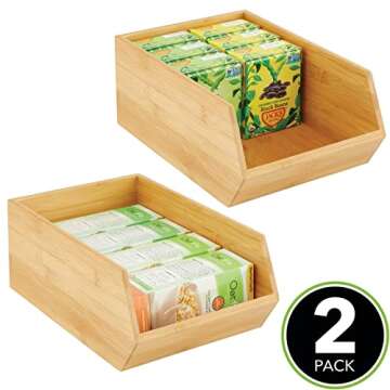 mDesign Bamboo Stackable Food Storage Organization Bin Basket - Wide Open Front for Kitchen Cabinets, Pantry, Offices, Closets, Holds Snacks, Dry Goods, Packets, Spices, Teas - 2 Pack - Natural Wood