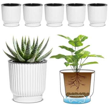 T4U 4 Inch Self Watering Pots for Indoor Plants, 6 Pack White Plastic Flower Pots for All House Plan...