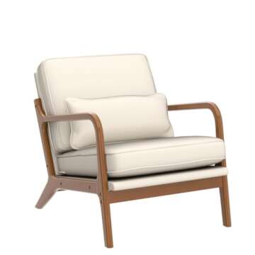 Karl home Accent Chair Mid-Century Modern Chair with Pillow Upholstered Lounge Arm Chair with Solid Wood Frame & Soft Cushion for Living Room, Bedroom, Balcony, Linen Beige (Low Back)