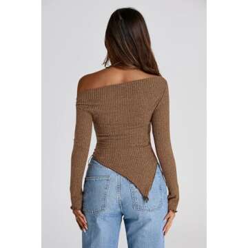 PRETTYGARDEN Women's Long Sleeve Y2K Crop Top Trendy Off Shoulder Asymmetrical Fitted Knit Tee Shirt...