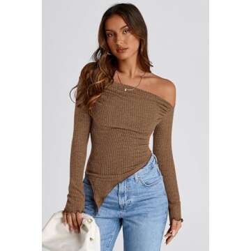 PRETTYGARDEN Women's Long Sleeve Y2K Crop Top Trendy Off Shoulder Asymmetrical Fitted Knit Tee Shirts Going Out Tops (Brown,Small)