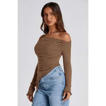 PRETTYGARDEN Women's Long Sleeve Y2K Crop Top Trendy Off Shoulder Asymmetrical Fitted Knit Tee Shirts Going Out Tops (Brown,Small)