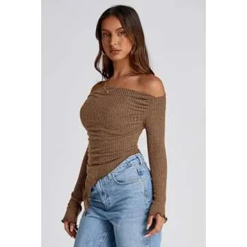 PRETTYGARDEN Women's Long Sleeve Y2K Crop Top Trendy Off Shoulder Asymmetrical Fitted Knit Tee Shirts Going Out Tops (Brown,Small)