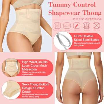Hioffer Thong Shapewear Tummy Control High Waist Girdles for Women Body Shaper Under Dress Shaping Panties