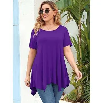 LARACE Short Sleeve Shirts for Womens Plus Size Tops Casual Summer Clothes Asymmetrical Tunic Blouses(Deep Purple 1X)