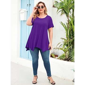 LARACE Short Sleeve Shirts for Womens Plus Size Tops Casual Summer Clothes Asymmetrical Tunic Blouses(Deep Purple 1X)