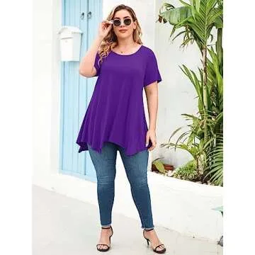 LARACE Short Sleeve Shirts for Womens Plus Size Tops Casual Summer Clothes Asymmetrical Tunic Blouses(Deep Purple 1X)
