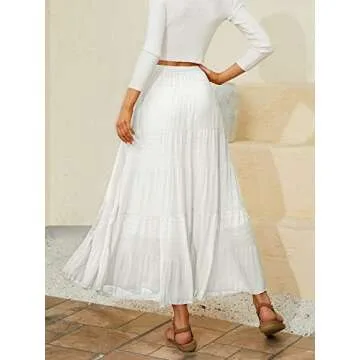NASHALYLY Women's Chiffon Elastic High Waist Pleated A-Line Flared Maxi Skirts?White,XL