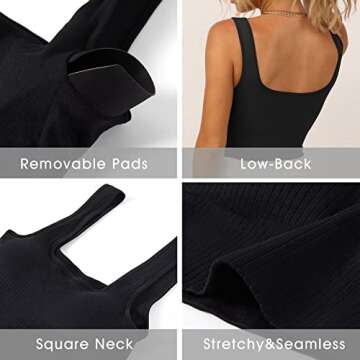 INIBUD Women's Sports Bra Padded Workout Set Crop Tank Tops Bralette Ribbed Seamless Gym Longline Black M