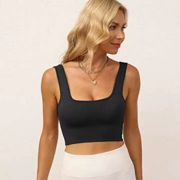 INIBUD Women's Sports Bra Padded Workout Set Crop Tank Tops Bralette Ribbed Seamless Gym Longline Black M