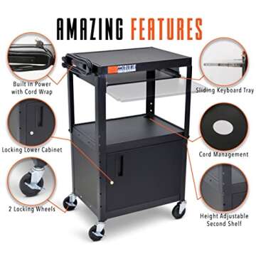 Stand Steady AV Cart with Locking Cabinet, Adjustable Height, UL Certified, Steel Frame, Black