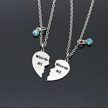 Maxforever Friendship Gift, Weirdo 1 Weirdo 2 Split Heart Stainless Steel Pendant Necklaces BFF Gift for Best Friend (Blue Crystal)