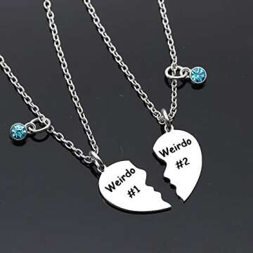 Maxforever Friendship Gift, Weirdo 1 Weirdo 2 Split Heart Stainless Steel Pendant Necklaces BFF Gift for Best Friend (Blue Crystal)